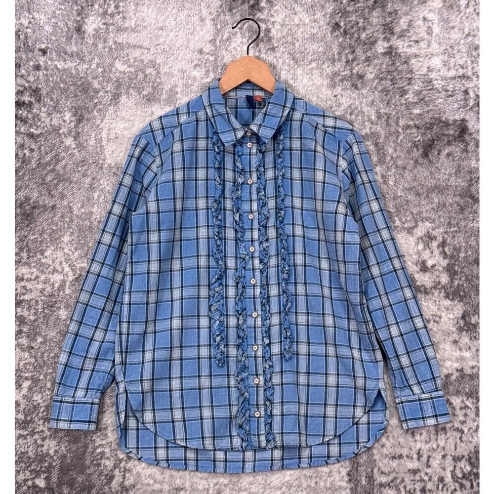 Anthropologie Top XS Womens Pilcro Blue Plaid Ruffle Button Up Long Sleeve